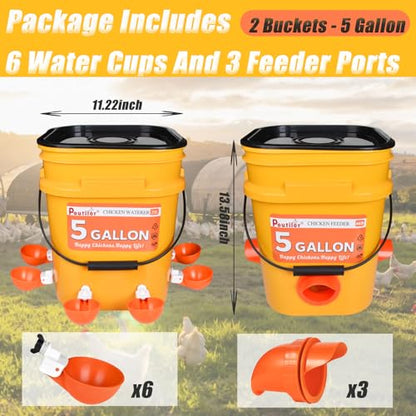 5 Gallon/44 Lbs Automatic Chicken Feeder & Waterer Set with Buckets, No Waste Feeder Port & Waterer Cup, Rain Proof Poultry Feeders, Keeps Out Small Animals, Ideal for Duck, Chick & Turkey