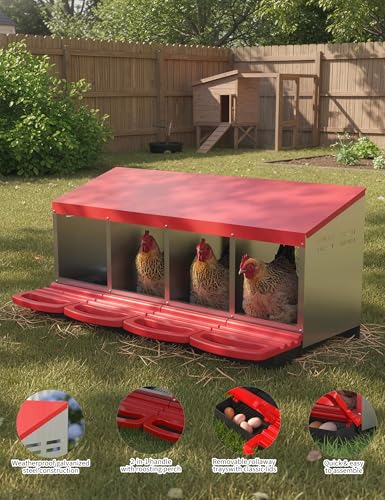 4 Hole Roll Away Chicken Nesting Box - Chickens Laying Box with Removable Tray, Easy Egg Collection & Cleaning, Metal Nesting Boxes for Backyard, Farm, Poultry Coop - color: red, size: 4 Compartments
