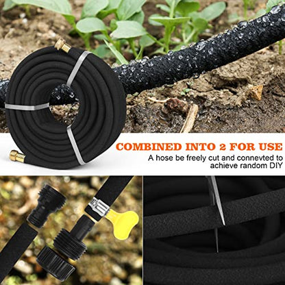 Soaker Hose 100 FT for Garden with 1/2" Diameter Irrigation Hose Save 70% of Water Solid Brass Interface Eminently Suitable for Lawn and Garden Bed Cover - size: Brass 100FT