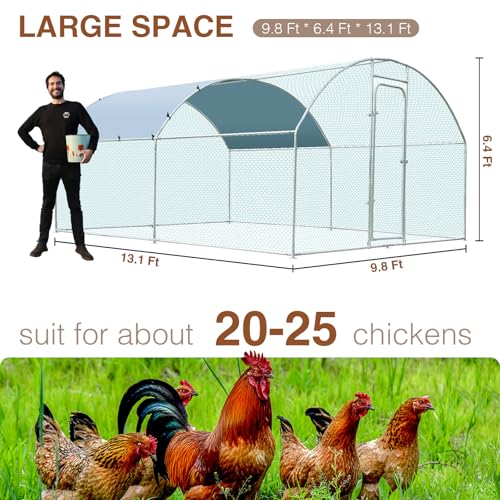 Metal Large Chicken Coop for 20-25 Chickens, Portable, Walk-in Chicken Run, Chicken Pen Outdoor W/Cover, Waterproof & Anti-UV, 13.1' D x 9.8' W x 6.4' H, Wire Mesh Poultry Cage for Yard - size: 157.5"L x 118.1"W x 76.8"H, style: Dome Roof