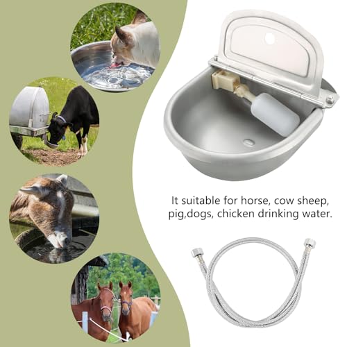 NATGAI Automatic Waterer Bowl with Float Valve and Braided Hose | Stainless Steel Stock Waterer Horse Cattle Goat Sheep Dog Bowl for Livestock Dog Goat Pig(with Drainage Hole)