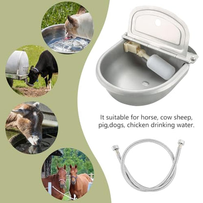 NATGAI Automatic Waterer Bowl with Float Valve and Braided Hose | Stainless Steel Stock Waterer Horse Cattle Goat Sheep Dog Bowl for Livestock Dog Goat Pig(with Drainage Hole)