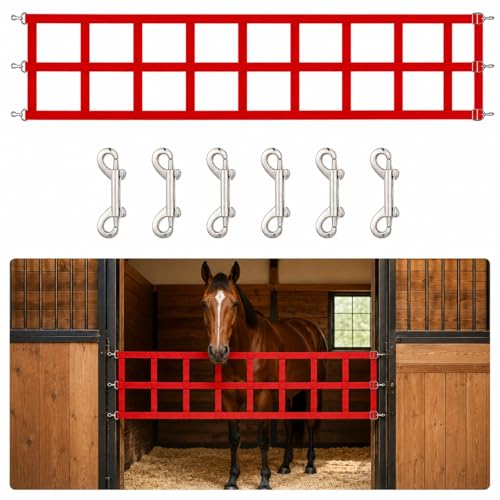 10 ft Adjustable Stall Guards for Horses Heavy Duty Polypropylene Webbing Stalls Guards Red Stall Gate with 6 Nails and 6 Hooks for Stables Barns Breeding to Keep Horse Securely