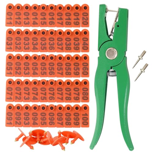 Sheep Ear Tag 101-200 Number Plastic Livestock Tags Goat with Punch Applicator Plier Tools and 2Pcs Ear Tag Pins (Orange, 101-200) - color: Orange, size: 101-200