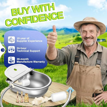 Ademon Automatic Animal Drinking Water Bowl with Float Valve, Extended Pipe & Drain Hole, Stainless Steel Waterer Feeder Farm Dog Dispenser Kit Self Filling for Livestock Horse Goat Water Trough - size: 3L - 71" Hose & Drain