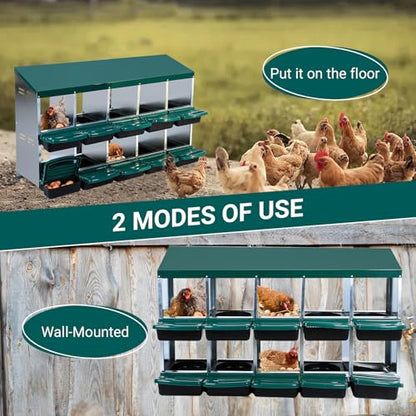 Chicken Nesting Box 10 Compartments - Metal Roll Away Nesting Boxes for Chicken Coop, Egg Collection System, Laying Boxes for Hens with Lid Cover to Protect Eggs, Easy Egg Collection & Clean