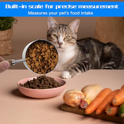 Telooco Cat Dog Food Scoop 1 Cup, 304 Stainless Steel Dog Food Measuring Cup with Measuring Lines (Cup/ML) & Long Wooden Handle, Dishwasher Safe