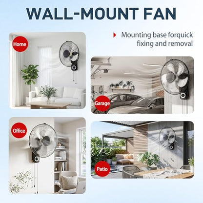 Winado 16 inch Oscillating Wall Mount Fan, Quiet 3-Speed Indoor Fan with 60° Adjustable Tilt, Pull-Chain Easy to Control, Space-Saving Cooling for Home, Office, Greenhouse