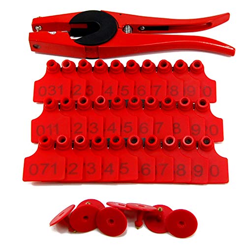 500 Sets Livestock Identification Ear Tags for Cattle Cow Calves Bull Numbered Plastic Animal TPU Earring Tagger (Red) with 1 pcs Ear Tagging Gun Pliers