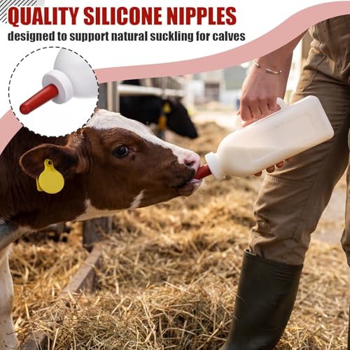 3 Sets Calf Feeding Bottle with Replacement Silicone Nipples, Durable Milk Feeding Pot with Handle for Calves, Nursing Supplies for Livestock (2 Quart) - size: 1 Count (Pack of 3)