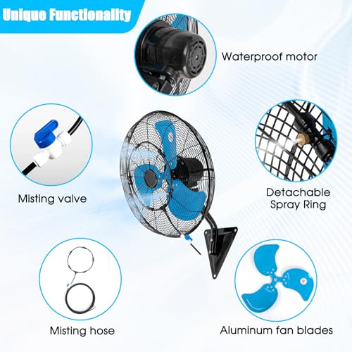 20 Inch Wall Mount Fan with Mist, Powerful Airflow Oscillating Fans | Max 7100CFM Heavy Duty Industrial Wall Mounted Fan with 17.5FT Misting Hose for Garage, Factory, Patio, Greenhouse, Porch - color: 20" Blue-Misting