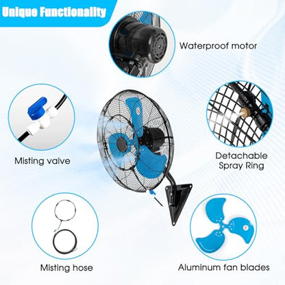 20 Inch Wall Mount Fan with Mist, Powerful Airflow Oscillating Fans | Max 7100CFM Heavy Duty Industrial Wall Mounted Fan with 17.5FT Misting Hose for Garage, Factory, Patio, Greenhouse, Porch - color: 20" Blue-Misting