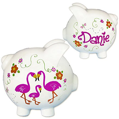 My Bambino Girl's Hand Painted Personalized Pink Ladybug Piggy Bank Large White Ceramic piggybank Baby Gift (Pink Flamingo) - color: Pink Flamingo