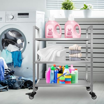 3 Shelf Stainless Steel Cart,400 Lbs,1MM Thick，Serving Cart with Wheels, Household, Service Trolley,360°Rotation Storage Shelf with Locking Wheels 29.5 * 15.7 * 37.4'' L*W*H