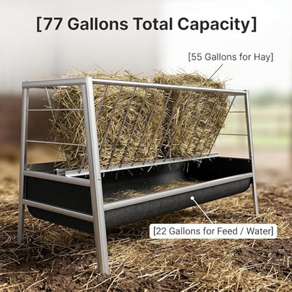 77 Gallon Pasture Feeder 2-in-1 Hay Grain System Stainless Steel Frame Rubber Trough Waste-Reducing Design for Goats Sheep Horses Lamb