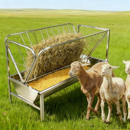 Heavy Duty Steel Livestock Feeder, Long Outdoor Pasture Hay Feeder, 2 in 1 Grain Hay for Sheep Mini Horses, Rust-Resistant & Easy Setup