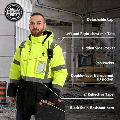 Reflective Jacket, High Visibility Parka, Waterproof Hi Vis, Safety Jacket with Removable Hood and Zipper, ANSI Class 3 (Lime,Large) - color: Lime-parka, size: Large