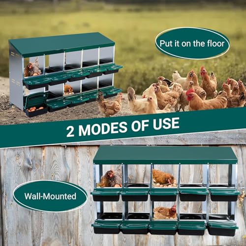Chicken Nesting Boxes,10 Hole Metal Roll Away Eggs Laying Boxes with Ventilation Holes，Rustproof Plastic Tray & Keyhole Mounting, Cleanable Pull Out Nest Box for Hen & Duck, Green - color: Green, size: 10 holes