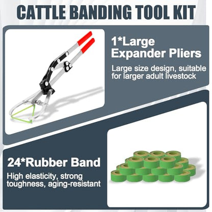 Cattle Banding Tool Kit, Stainless Steel Large Expander Pliers with 24pcs Rubber Bands, Bull Banding Tool for Big Livestock, Bull, Sheep, Goats, Calves Care on Farm and Ranch - color: silver, size: Large