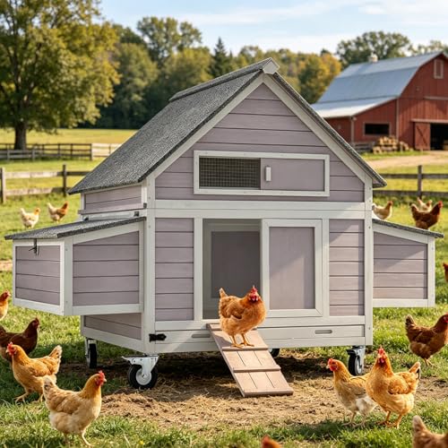 Portable Chicken Coop with Wheels, Outdoor Rolling Poultry Cage for 2-4 Hens with Nesting Boxes, Weatherproof Mobile Duck House for Backyard Lawn Garden - color: Grey, size: 63.7"L x 40.0"W x 49.7"H
