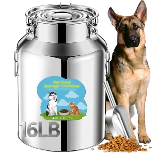 Newget 16lb Stainless Steel Dog Food Storage Container, Metal Pet Storage Container with Airtight Hangable Lid to Keep Food Fresh, Large Cat Food Storage Container with Scoop to Easily Clean - size: 16 lb