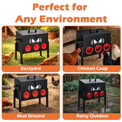 30 LB Large Automatic Chicken Feeder, No Waste Metal Poultry Feeder with 8 Ports, Weatherproof Outdoor Dispenser with Adjustable Legs & Locking Lid for Backyard Chickens, Black