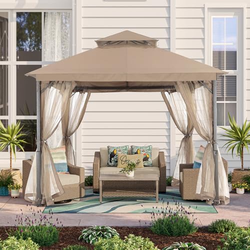 MASTERCANOPY Outdoor Patio Gazebo with Double Roofs, Stable Steel Frame and Mosquito Netting (9x9,Khaki) - color: Khaki, size: 9x9
