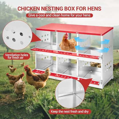 GarveeLife Chicken Nesting Boxes for Laying Eggs, Metal Chicken Nesting Box with Vented Holes and Swing Perch for Chicken Coop, Egg Laying Boxes for Chickens, Hens, Ducks (6 Compartments)