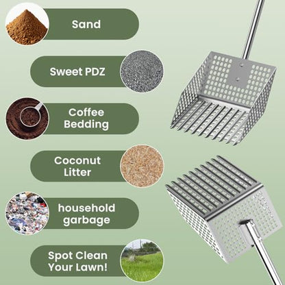 Stainless Steel Chicken Poop Scooper & Rake - Heavy-Duty 2-in-1 Sand Sifter Shovel with Long Handle Adjustable Length for Coops & Small Farms