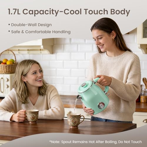 Mecity Retro Electric Kettle 1.7L, Stainless Steel Interior (No Plastic Contact), Double Wall Cool Touch, Fast Boil 1500W, Thermometer (°F/°C), Removable Lid, Wide Opening Easy Cleaning, 120V, Green - color: Light Green
