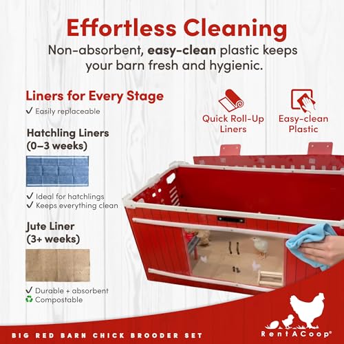 RentACoop Big Red Barn Chick Brooder Set with Heating Plate and Anti-Roost Cone, Two Chick Feeders, Two Chick Drinkers, Swing, Hatchling Liners, Jute Liner, LED Light, Security Latch
