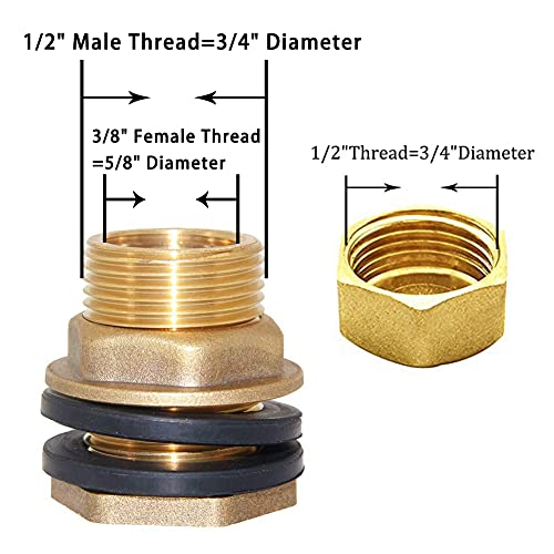 Joywayus Brass Male Bulkhead Kit Include 3/8" Female 1/2" Male Water Tank Connector Threaded And 1/2" Female Outer Hex Head End Pipe Caps with Rubber Gasket - size: 1/2"Male x 3/8"Female-1PCS