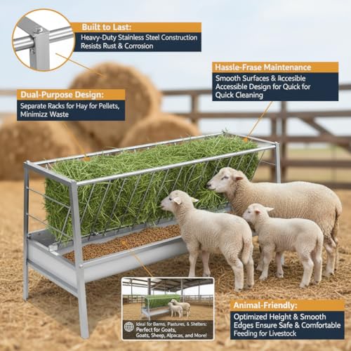 62" L Goat Hay Feeder 92 Gallon Stainless Steel Feeder for Goats | 2-in-1 Hay & Grain Large Capacity for Sheep, Horses | Freestanding Outdoor Farm Livestock Feeder, Easy Assembly
