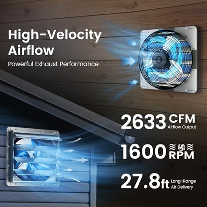 Xcity 16" Shutter Exhaust Fan with 6 ft Power Cord, High Speed AC Motor, 2633 CFM, 1600 RPM, Wall Mount Ventilation Fan with Automatic Gravity Louvers, for Garage, Shed, Commercial, Attic, Waterproof - size: 16 Inch