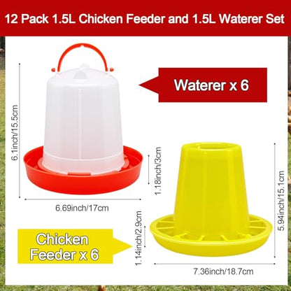 Funnymoom 12 Pack Chick Feeder and Waterer Set Chicken Feeder and Waterer Kit, 1.5l Chicken Feeding and Drinker Bulk for Baby Chicks Ducks Goose Pigeons Quail Coop Accessories(Combination) - style: Combination
