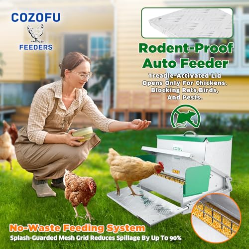 COZOFU's Feeders Automatic Chicken Feeder - Large Capacity for 12 Chickens, Lasts 12 Days (40lb Feed), Durable Galvanized Steel, Rat-Proof, No-Spill, Weatherproof Lid - color: Green, size: 40LB