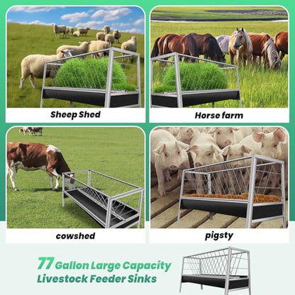 77 Gallon Heavy-Duty Stainless Steel Hay Feeder 59" x 19.6", 2 in 1 Silvery Goat Hay Feeder with 22 Gallon Black Feeding Pan, Easy to Assemble Pasture Hay Rack for Outdoor Farm, Horse Farm, Livestock