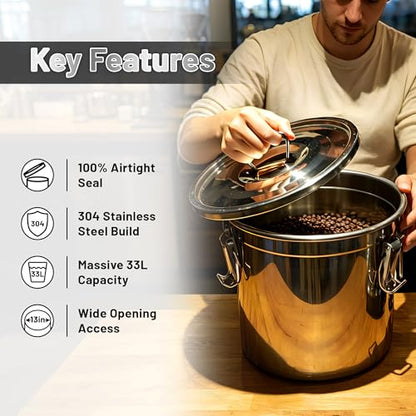 304 Stainless Steel Airtight Food Storage Container with Locking Lid & Clips 8.72gal/33L Large Kitchen Jar for Rice, Flour, Sugar, Grain, Coffee Beans - size: 33L