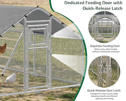 32×10 FT Extra Large Walk-in Chicken Coop, Spire Roof Chicken Run with Cover, Front & Rear Doors, Feeding Door, Roosting Ladder, Galvanized Steel Frame - size: 372.4"L x 118.1"W x 77.6"H