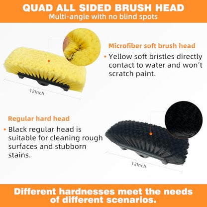12FT Car Wash Brush with Long Handle Aluminium Telescoping Pole Angle Adapter with 2 Pcs 12" Soft and Hard Bristle Scratch-Free for Cleaning Car Truck RV House Floor Window Roof Solar Panels - size: 12 FT