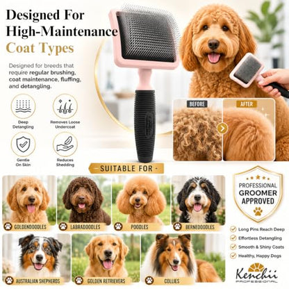 Kenchii Long Pin Slicker Brush for Dogs (Poodles, Doodles, Goldendoodles, Labradoodles), Professional Grooming Brush for Detangling, Fluffing & Dematting, Non-Slip Comfort Handle - color: Blush