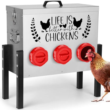 TGEYD 30 lb Chicken Feeder with 6 No-Waste Ports – Heavy-Duty Outdoor Metal Feeder with Adjustable Height, Locking Lid & Riveted Handles – Rustproof Feed Box for Poultry & Backyard Chickens - color: Rose-bengal
