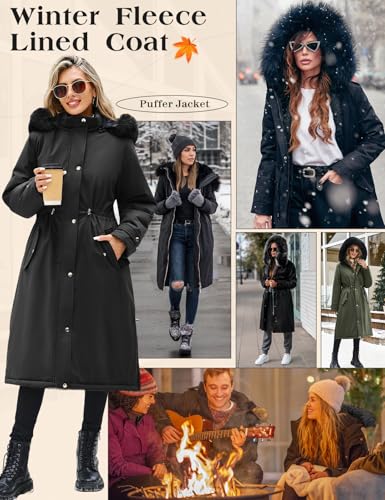Womens Long Puffer Winter Coats Fleece Jacket Down Parka Warm Overcoat Thicken Quilted Jacket Removable Fur Coat - color: Black, size: Large
