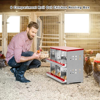 Chicken Nesting Boxes for Laying Eggs, 2-Tier 6 Compartment Roll Out Ducks Poultry Hens Nest Box with Lid Cover, Rolling Egg Collection Protection Chicken Coop for 6 Up to 24 Chickens, Silver and Red