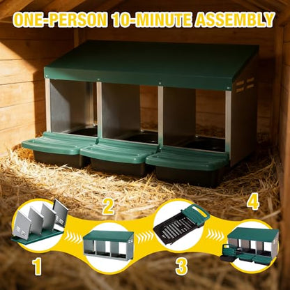 Aivituvin Chicken Nesting Box, 3 Compartments Chicken Egg Laying Box, Metal Nesting Boxes with Swing Perch for Chickens, Roll Away Egg Collection for Chicken Coop (Green) - color: Green