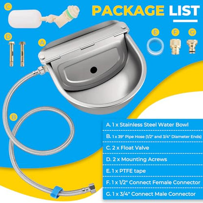 NATGAI Automatic Animal Drinking Water Bowl with Float Valve, 304 Stainless Steel Auto Filling Water Dispenser, Dog Water Bowl Dispenser Kit for Outdoor Farm, Ranch, Goat, Horse, Poultry, Livestock