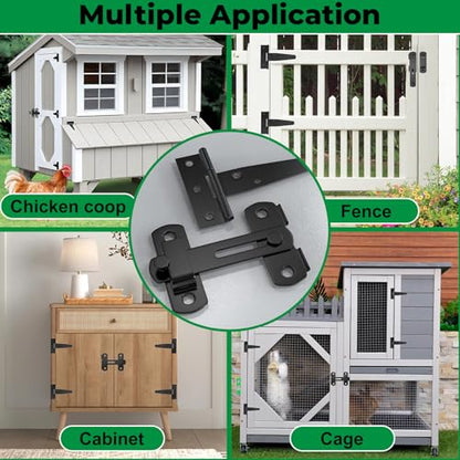 Forestchill Chicken Coop Latch Door & T Hinge Kit, 2 Pcs 4" Flip Latch Lock and 4 Pcs 3" T-Strap Hinges, Chicken Coop Accessories for Door Repair or DIY, Hardware for Wood Vinyl Fence, Barn Gate