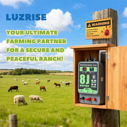 8J Electric Fence Charger AC DC Powered Fence Controller 2 in 1 Fence Energizer Electric with 8 Joules Output &7-13KV Adjustable, Alarm Function, 40KM Range for Livestock/Farmland/Garden (8J)