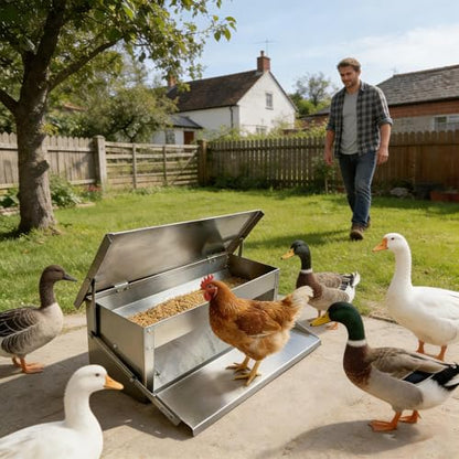 Treadle Feeder for Chickens - Rainproof Trough with Lid,Automatic Treadle Chicken Feeder - for Garden Farm Coop Outdoor Habitat Enclosure Backyard