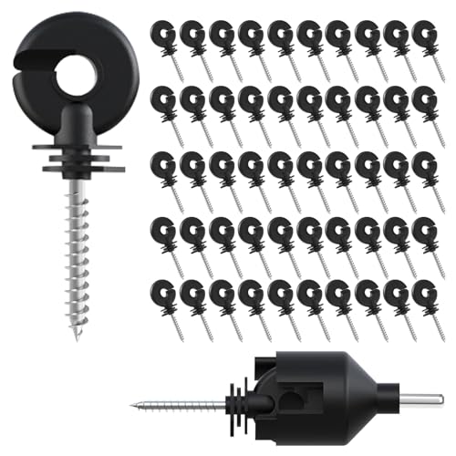 50-Pack UV-Resistant Screw-in Electric Fence Ring Insulators for Wood Posts, Heavy Duty for Animal Livestock, Includes Free Installation Socket Tool (Black)
